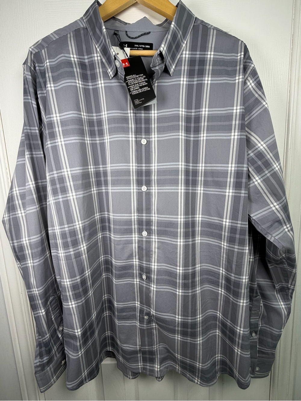Under Armour Gray Plaid Button Down Shirt Men's XXL NWT Stretch Performance Fit